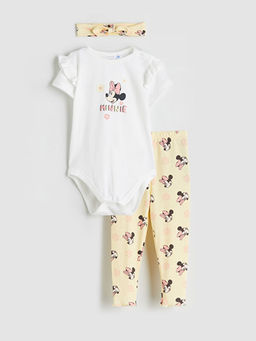 Minnie Mouse Bask?l? K?z Bebek Body Tayt ve Sa? Band? 3l? Tak?m