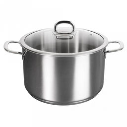 Кастрюля из нержавеющей стали Safia 9л, д28см, h23,2см, дно д25,5см, s0,8мм, стеклянная крышка, плоское, утолщенное дно, ТРС (теплораспределительный слой), нержавейка AISI 304 (18/10) (Россия) Подходит для всех видов плит, включая индукционную.