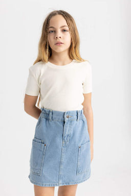 Облегающая футболка в рубчик с короткими рукавами для девочек - Defacto фото 4