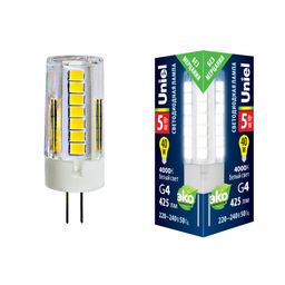 LED-JC-220/5W/4000K/G4/CL GLZ09TR Лампа светодиодная, прозрачная. Белый свет (4000К). Картон. ТМ Uniel.