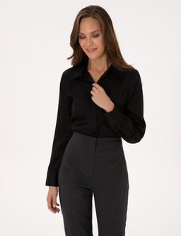 Siyah Comfort Fit Uzun Kollu Saten G_mlek