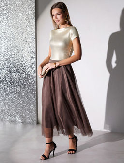 Футболка облегающая из хлопка в рубчик с вырезом лодочка с матовым покрытием металлик - Vilatte фото 4