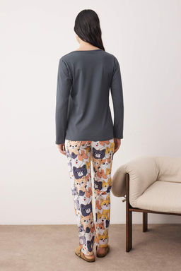 Antrasit Kedi Desenli Pamuklu Likral? Yumusak Tuse Orme Pijama Tak?m? THMAW26PT00167 - Trendyolmilla фото 7
