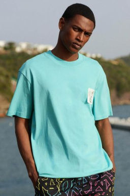 Regular Fit Bisiklet Yaka Bask?l? K?sa Kollu Tisort