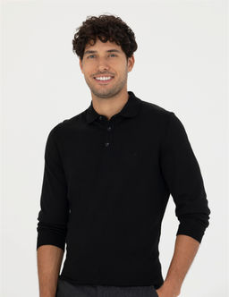 Siyah Regular Fit Polo Yaka Y_n Kar___ml_ Basic Triko Kazak