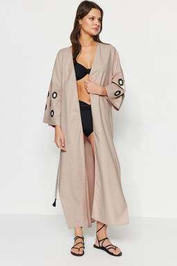 Bej Kusakl? Dokuma Nak?sl? Maxi Plaj Kimono&Kaftan TBESS21KM0175