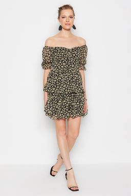 Siyah Cicekli Etegi Volanl? Skater/Belden Ac?lan Sifon Mini Astarl? Dokuma Elbise TWOSS22EL2772