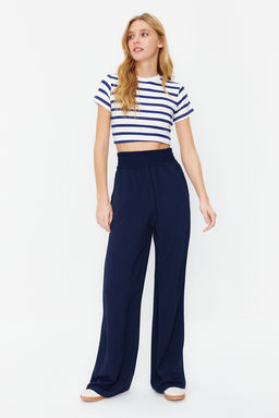 Lacivert Wide Leg/Genis Paca Beli Lastikli Dokuma Pantolon TWOSS22PL00024