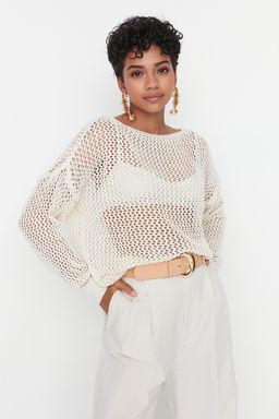 Ekru Ekstra Genis Kal?p Pamuklu Ajurlu/Delikli Triko Kazak TWOAW20FV0184