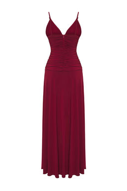 Bordo Gul Detayl? Orme Maxi S?k Abiye Gece Mezuniyet Elbisesi TPRSS25AE00180