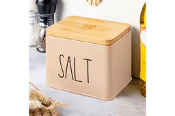 Емкость для хранения 1,5 л 14*11*11 см SALT с деревянной крышкой, бежевая
