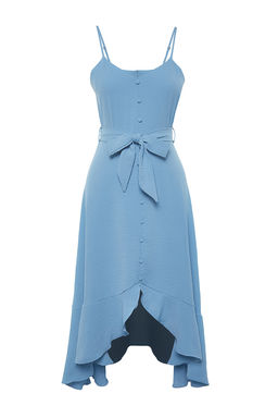 Indigo Kusakl? A-Kesim Volanl?Dugme Detayl? Dokuma Maxi Elbise TWOSS23EL02271