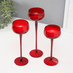 Стеклянный подсвечник на 1 свечу «Бокал-креманка», набор 3 шт., красный, h=20 см, 23 см, 26×8×8 см