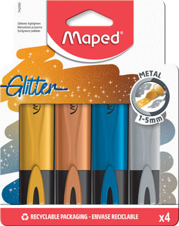Набор текстовых маркеров MAPED FLUO PEPS GLITTER с блестками, 15 мм, 4 цвета металлик, в...