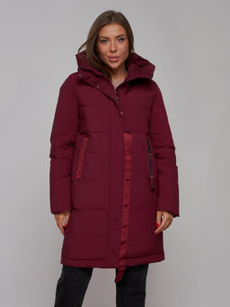 Пальто утепленное молодежное зимнее женское бордового цвета 59018Bo