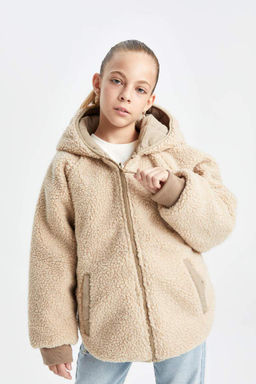 Плюшевое пальто с капюшоном и карманами на двусторонней молнии для девочек - Defacto фото 7