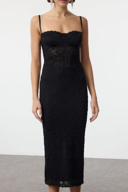 TRENDYOLMILLA Siyah Astarl? Dantel Orme Midi Elbise TPRAW25EL00120  фото 3