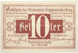 Банкнота 10 геллеров 1920 года Австрия  община Зигмундсхерберг (Нотгельд)