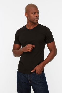 Siyah Slim/Dar Kesim Basic V Yaka K?sa Kollu %100 Pamuklu T-Shirt TMNSS19BO0002