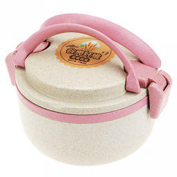 Ланч-бокс для продуктов пластмассовый Эко дом д13,8см h10см, 2 уровня: 0,15л д13,8см h2,1см; 0,6л, д13,7см h6,7см, с ложкой 13см, бежевый, с цветными клипсами и ручками, цвета в ассортименте: фисташковый, розовый (Китай) Пластик с добавлением пшени - Домашняя мода фото 3