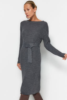 Antrasit Mini Triko Kemerli Elbise TWOAW23EL00444