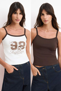 Ekru-Kahverengi Bask?l? Regular Havuz Yaka Ince Ask?l? Kolsuz Interlok Orme Atlet TWOSS26AL00025