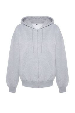 Gri Oversize/Rahat Kesim Basic Kapusonlu Fermuarl? Kal?n Ici Polarl? Orme Sweatshirt TWOAW24SW00188
