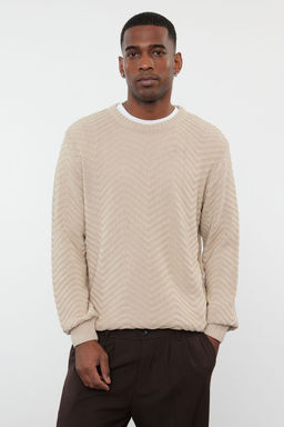 Bej Regular Pamuklu Bisiklet Yaka Dokulu Triko Kazak TMNAW25KZ00026