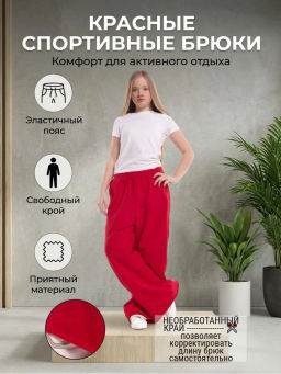 Брюки из футера для девочки с лампасом 22-5698 красный