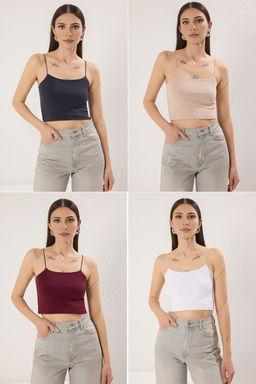 Antrasit-Beyaz-Bordo-Bej 4lu Paket Ask?l? Crop Vucuda Oturan Esnek Orme Atlet TWOSS25AL00051