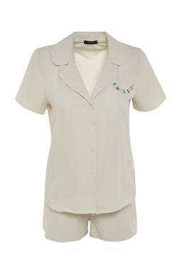 Ac?k Bej Slogan Nak?sl? Sortlu Dokuma Pijama Tak?m? THMSS23PT00232