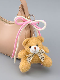 Брелок текстиль "Мишка с бело-розовым бантиком" бежевый 6х9,5х20 см