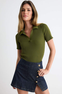 Haki More Sustainable Basic Polo Yaka Triko _nce Bluz TWOSS26BZ00505