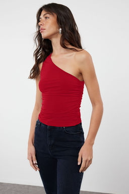 Trendyolmilla Siyah Buzgu Detayl? Fitted/Vucuda Oturan Tek Omuz Esnek Orme Bluz TWOSS21BZ0590  фото 10