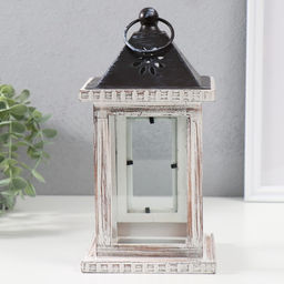 Деревянный подсвечник-фонарь на 1 свечу «Состаренный», белый, 12.5×12.5×25 см