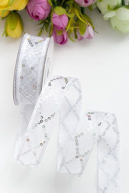 Лента с пайетками 2,5 см*10 ярд (SF-5752) белый/серебро №10 - Больше подарков фото 2