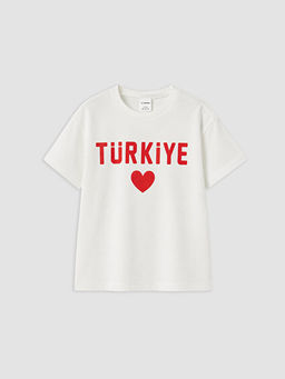 Bisiklet Yaka Bask?l? K?z ?ocuk Ti??rt