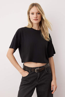 Siyah-Siyah 2li Paket %100 Pamuk Relax/Rahat Kesim Crop Orme T-Shirt TWOSS24TS00224