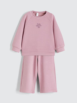 Bask?l? K?z ?ocuk Sweatshirt ve Pantolon