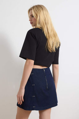 Koyu Mavi Aksesuar/Trok Detayl? %100 Pamuk Denim Sort Etek TWOSS26SR00014 - Trendyolmilla фото 4