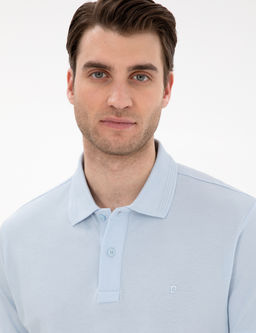A__k Mavi Slim Fit %100 Pamuk K_vr_lmaz Polo Yaka Basic Ti__rt