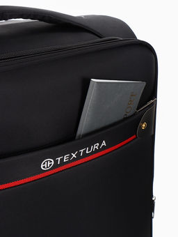 Чемодан 20",Текст,36*25*58,отд на молнии,1 нар/карм, увелич,код замок,4 колеса, черный