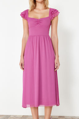 Fusya Belden Ac?lan Sifon Astarl? Midi Dokuma Elbise TWOSS24EL00541