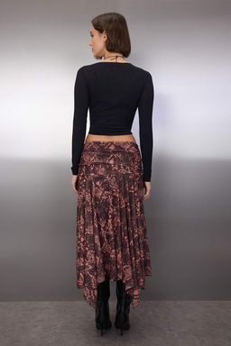 Bordo Boho Bask?l? Skater Asimetrik Etek Ucu Detayl? Esnek Orme Etek TWOAW26ET00037