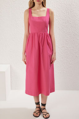 Fusya Belden Ac?lan Midi Korse Dikis Detayl? Midi Dokuma Elbise TWOSS24EL00038