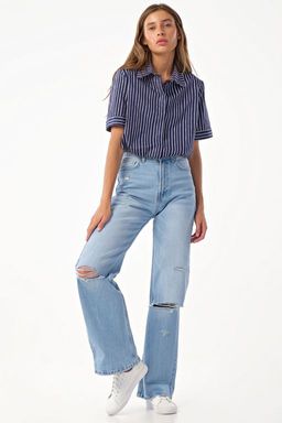 Рубашка оверсайз с коротким рукавом в полоску на синем