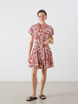 Ka??k Yaka ?i?ekli Pileli Elbise