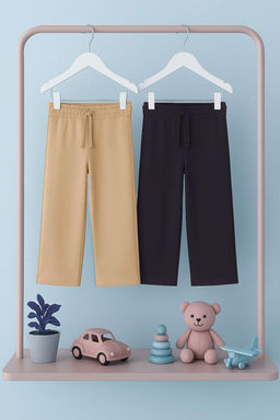 Antrasit-Bej Pamuklu 2li Duz/Basic Beli Lastikli Orme K?z Cocuk Pantolon TKDAW26TA00002