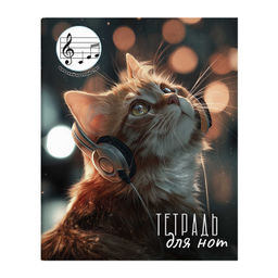 Тетрадь для нот для младших классов 24 л. арт. 73212 КОТЁНОК В НАУШНИКАХ /А5+, белый офсет, мягкий п