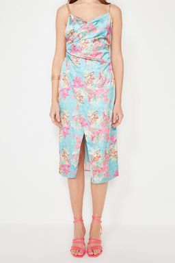 TRENDYOLMILLA Cok Renkli Cicek Bask?l? Dokuma Saten S?k Abiye Elbise TPRSS21EL3753 фото 5